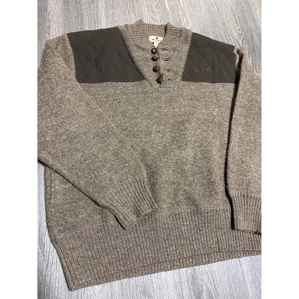 Woolrich Mens XL Brown 100% Wool Quilted Shoulder Button Neck Sweater 9434